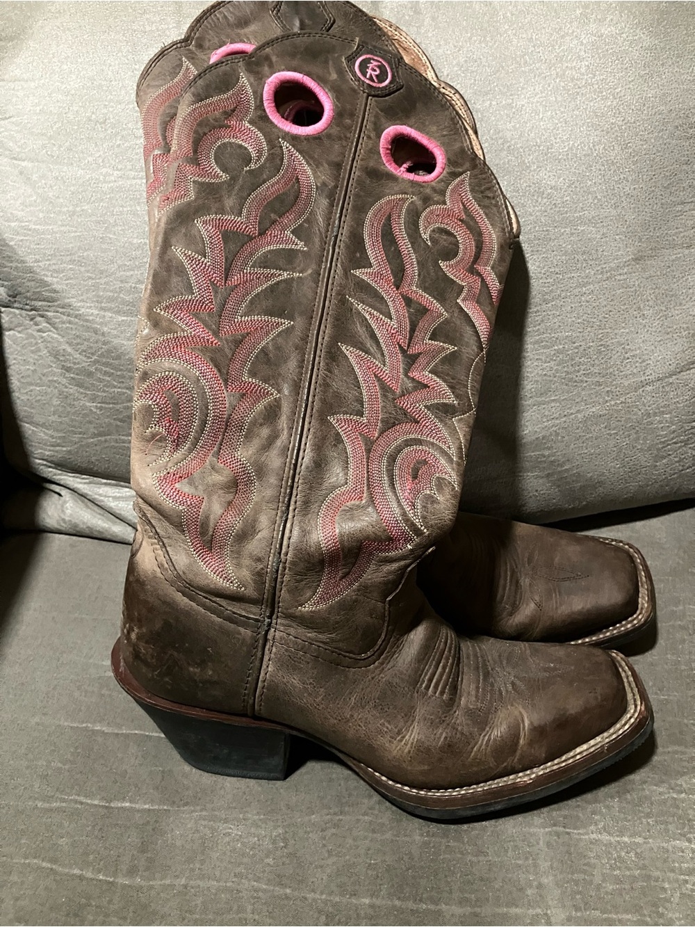 Tony Lama Brown Tall Leather Western cowgirl boots with Pink Embroidery